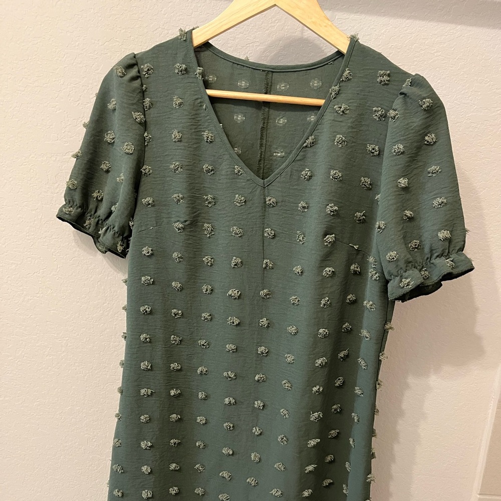 SHEIN Olive Textured Puff Sleeve Mini Dress